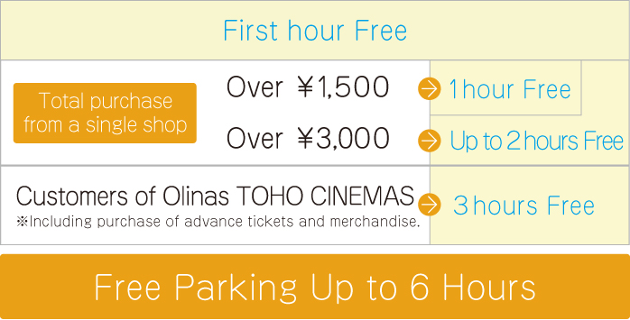 About our complimentary services. First hour free. One hour free with purchases totaling ¥1,500 or more (tax included) per store. Up to two hours free with purchases totaling ¥3,000 or more. Three hours free when using TOHO Cinemas Kinshicho Orinas. Up to six hours free with facility usage, etc.